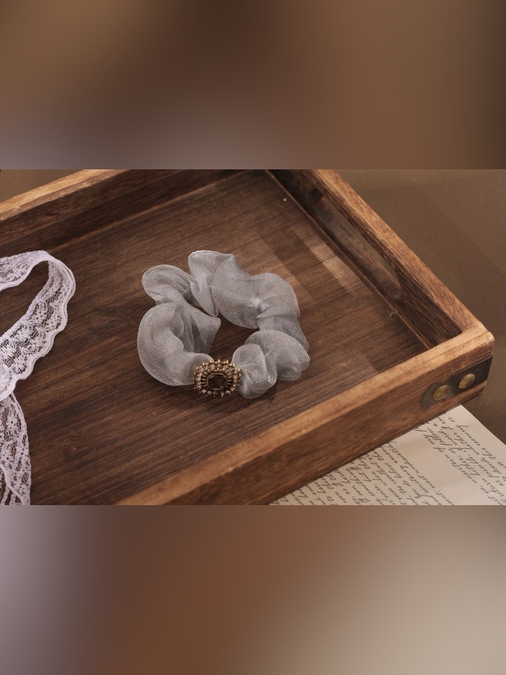 Vintage Sheer Gray Scrunchie with Charm